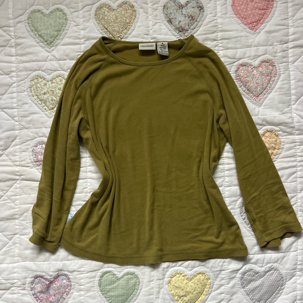 Crossroads Vintage Olive Green 3/4 Sleeve Cottage Core Shirt Size M Fairy Core